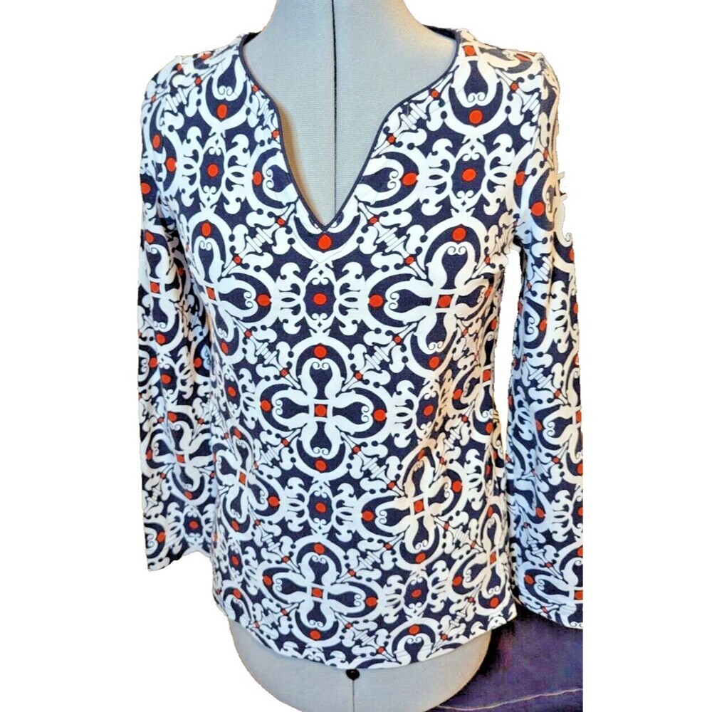 Women's Navy and White Patterned Long-Sleeve Top
